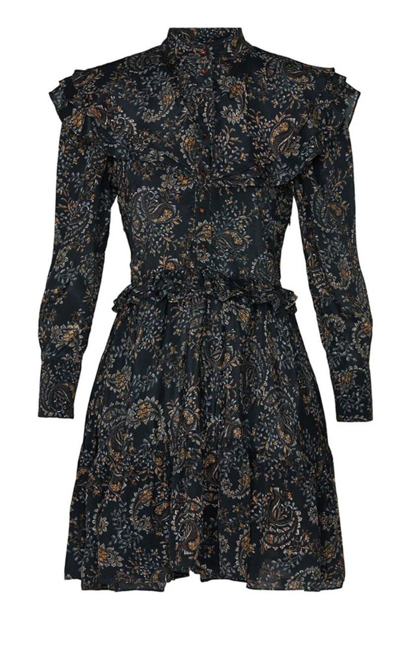 Nicholas Mini Dress Black Paisley Floral Long Sleeve Ruffle Trim